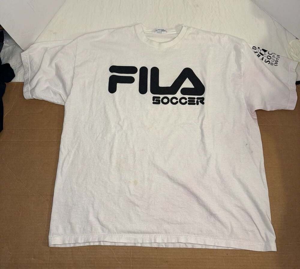 Vintage 90s FILA Soccer T-Shirt White Made in USA XL Frederick Soccer Supplies